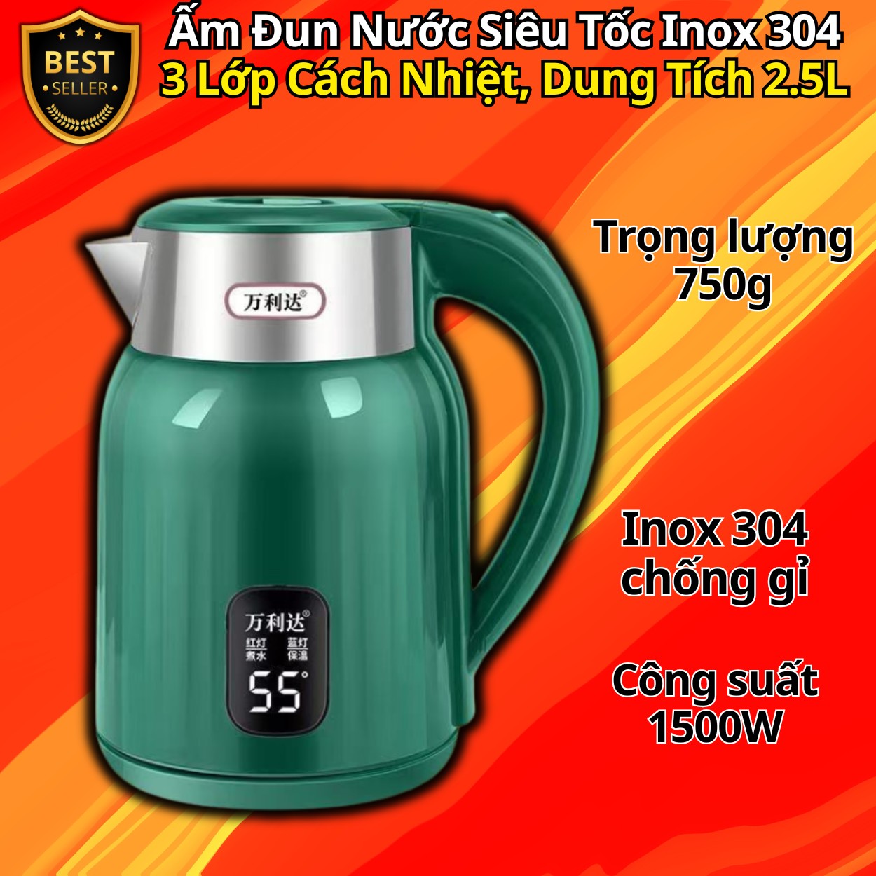 Bình Đun Nước Siêu Tốc Cao Cấp – Ấm Siêu Tốc Inox 304 Chống Gỉ, Công Suất 1500W, Dung Tích Lớn 2.5L - Hàng chính hãng D Danido