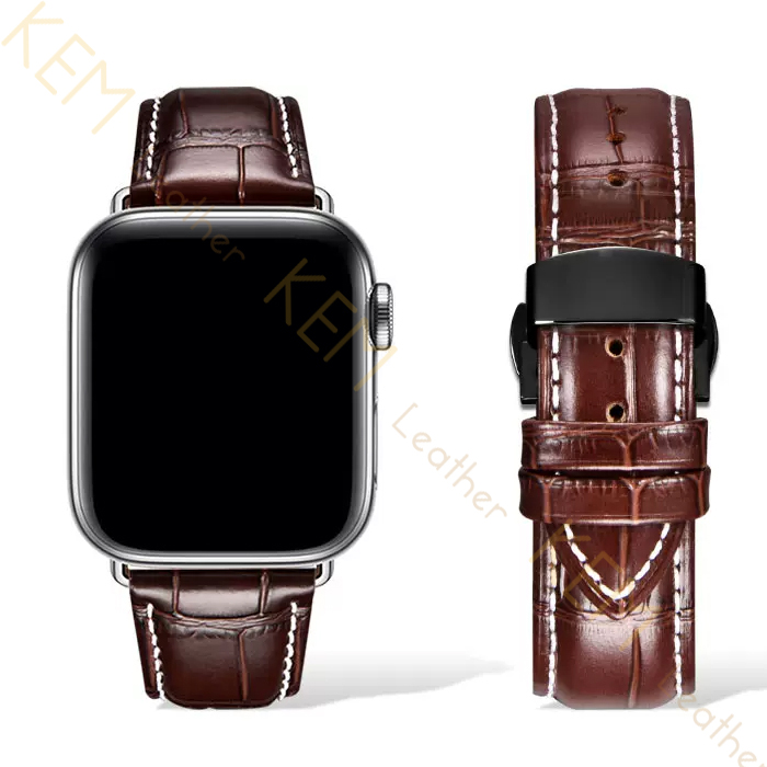 Dây Đồng Hồ Thay Thế Dành Cho Apple Watch 48 Ultra 45/44/42mm - 41/40/38mm, Chất Liệu Da Cá Sấu Cao Cấp Màu Nâu May Thủ Công Chỉ Trắng Tương Thích Các Phiên Bản Series 8/7/6/5/4/3/2/1/SE Bảo Hành 12 Tháng