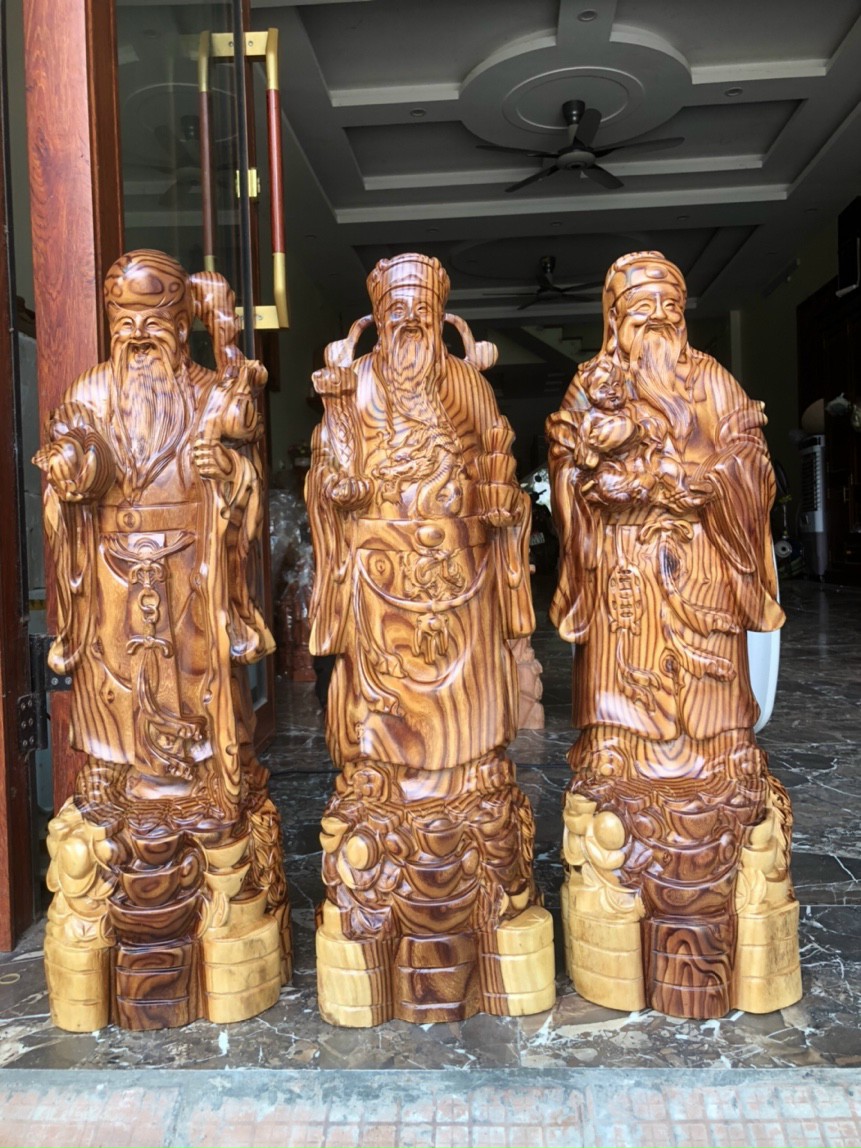 Bộ tượng phật tam đa phúc lộc thọ bằng gỗ trắc đẹp long lanh kt cao 70×20×17cm