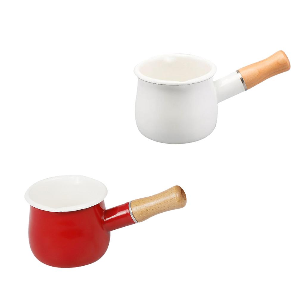 550ml Small Enamel Milk Cooking Sauce Pan Pot Wooden Handle Cookware White