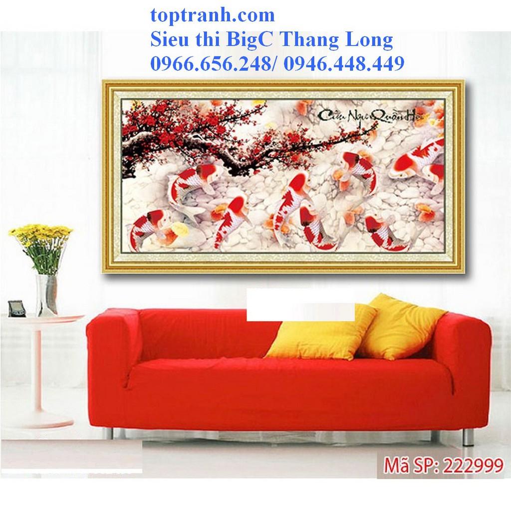 Tranh thêu chữ thập cửu ngư quần hội, cá chép hoa đào 222999 chưa thêu
