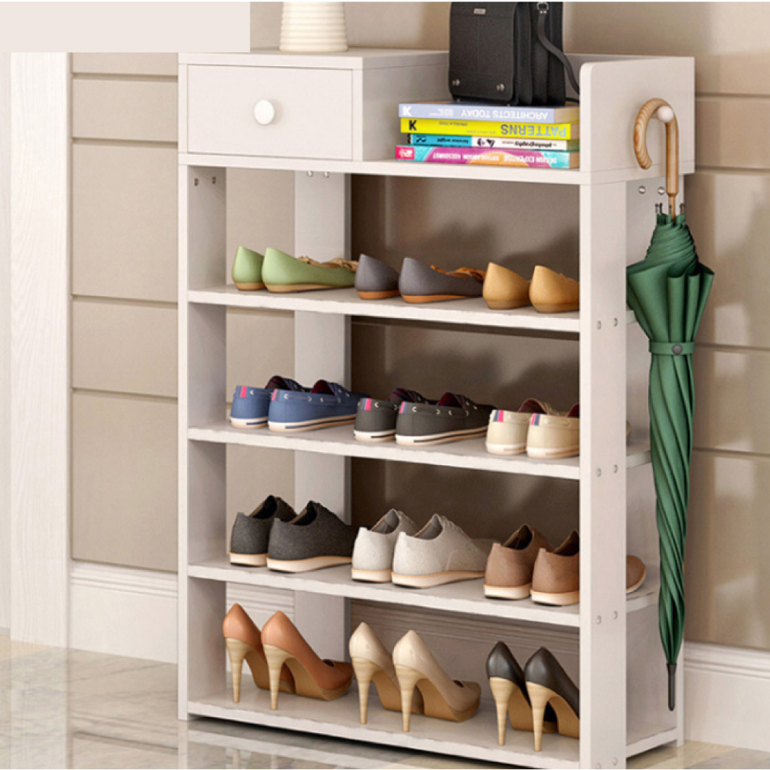 Kệ để giày bằng gỗ, A240 kiểu đứng 5 tầng , cao 80cm x rộng 60cm x sâu 24cm, chất gỗ tự nhiên, dễ phân loại sắp xếp nhiều loại giày dép, có thêm ngăn tủ nhỏ, treo thêm được áo mưa, ô dù