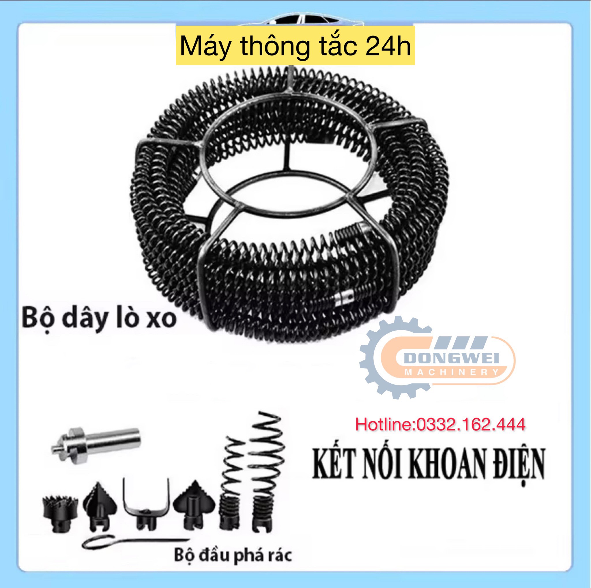 Dây thông tắc cống,đường ống, đường kính 16mm dài 12m dùng máy khoan bao gồm 12m dây và 6 đầu thông và 1 đầu kết nối