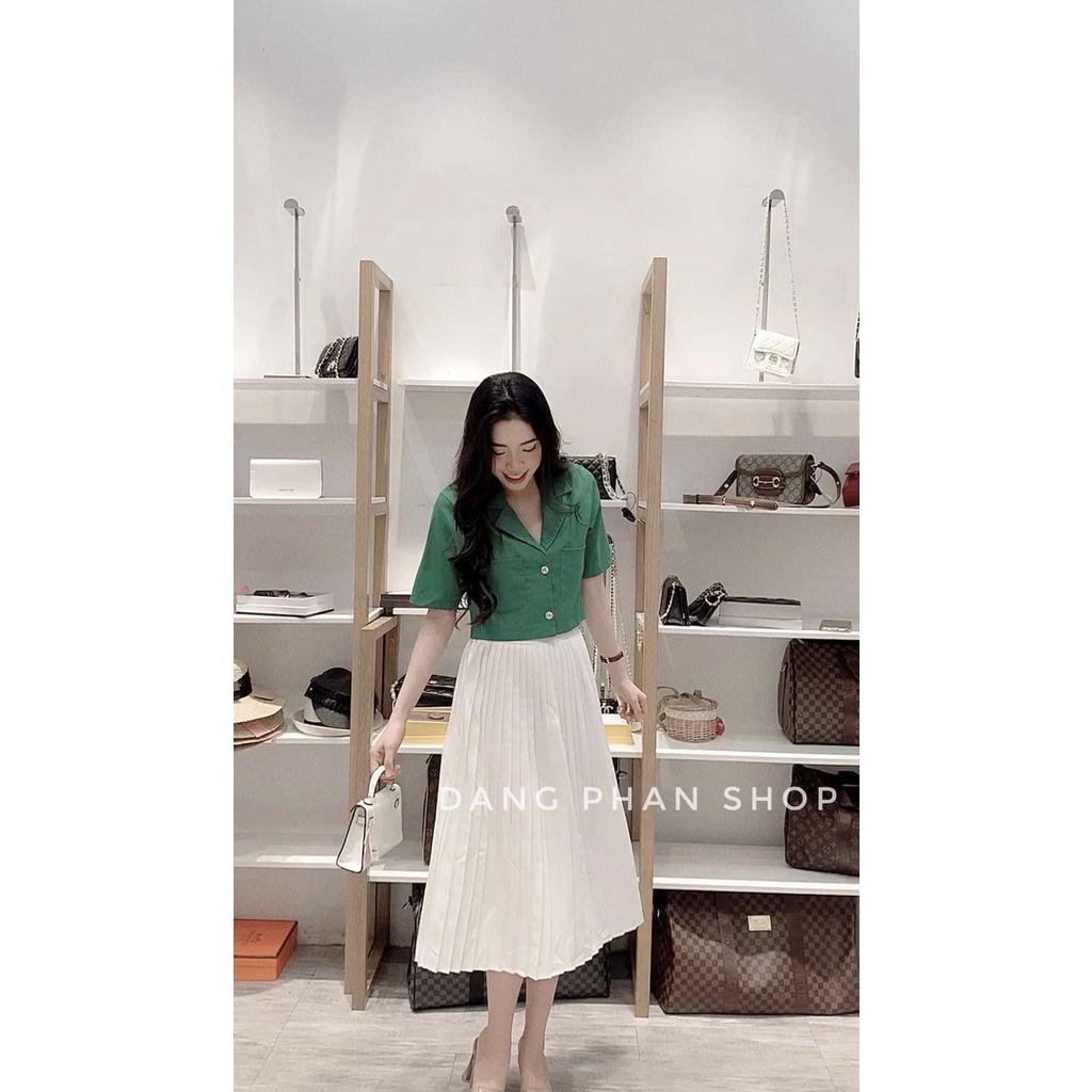 Set Áo Cổ Vest Croptop Túi Hộp Mix Chân Váy Xếp Li Trắng Dài