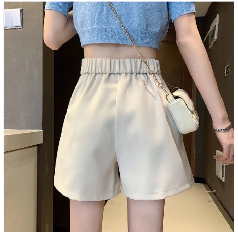 Quần short nữ cạp cao lưng thun ống rộng xếp ly đơn giản