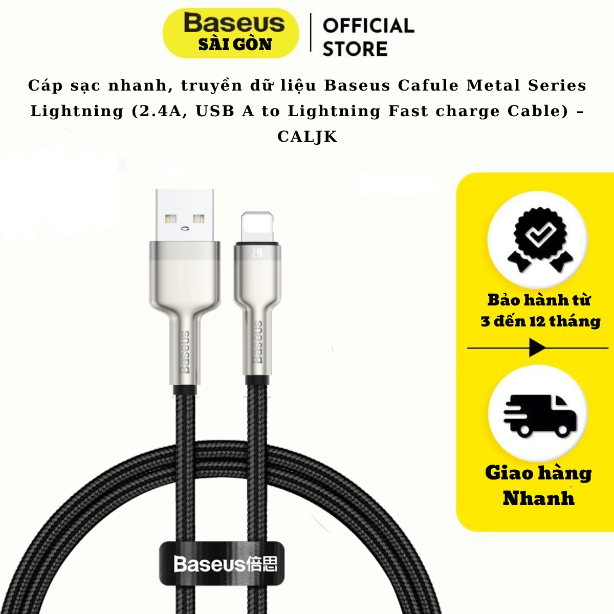 Cáp sạc nhanh, truyền dữ liệu Baseus Cafule Metal Series Light-ning dùng cho i-Phone/ iPad (2.4A, USB A to Light-ning Fast charge Cable) – CALJK- Hàng chính hãng