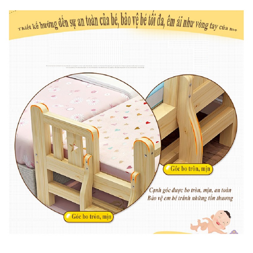 Giường ngủ cho bé chất liệu gỗ thông size 1m28 quây 3 mặt ghép cạnh giường ba mẹ tặng kèm hộp bút màu nước.