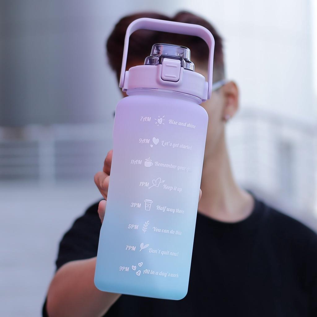 Bình đựng nước 2L kèm sticker chia vạch báo giờ nhắc uống nước có ống hút tiện lợi -Bình Đựng Nước Thể Thao