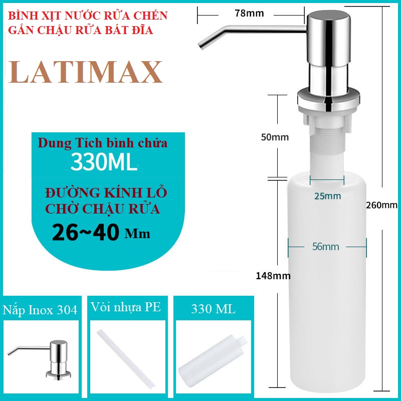 Bình đựng nước rửa chén gắn chậu rửa đầu vòi xịt Inox 304 Cao cấp - Dung tích 330ml