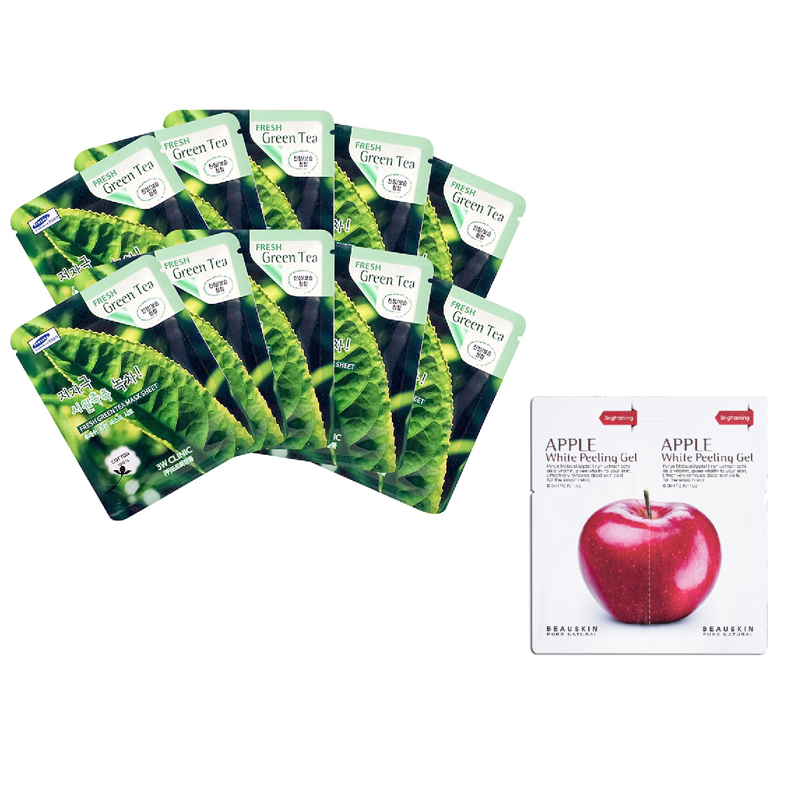 Combo 10 Gói Mặt Nạ Trà Xanh Dưỡng Da 3w Clinic Fresh Greentea Mask Sheet 100% Cotton (23ml/Miếng) và Tẩy da chết Beauskin Apple White Peeling Mini Size