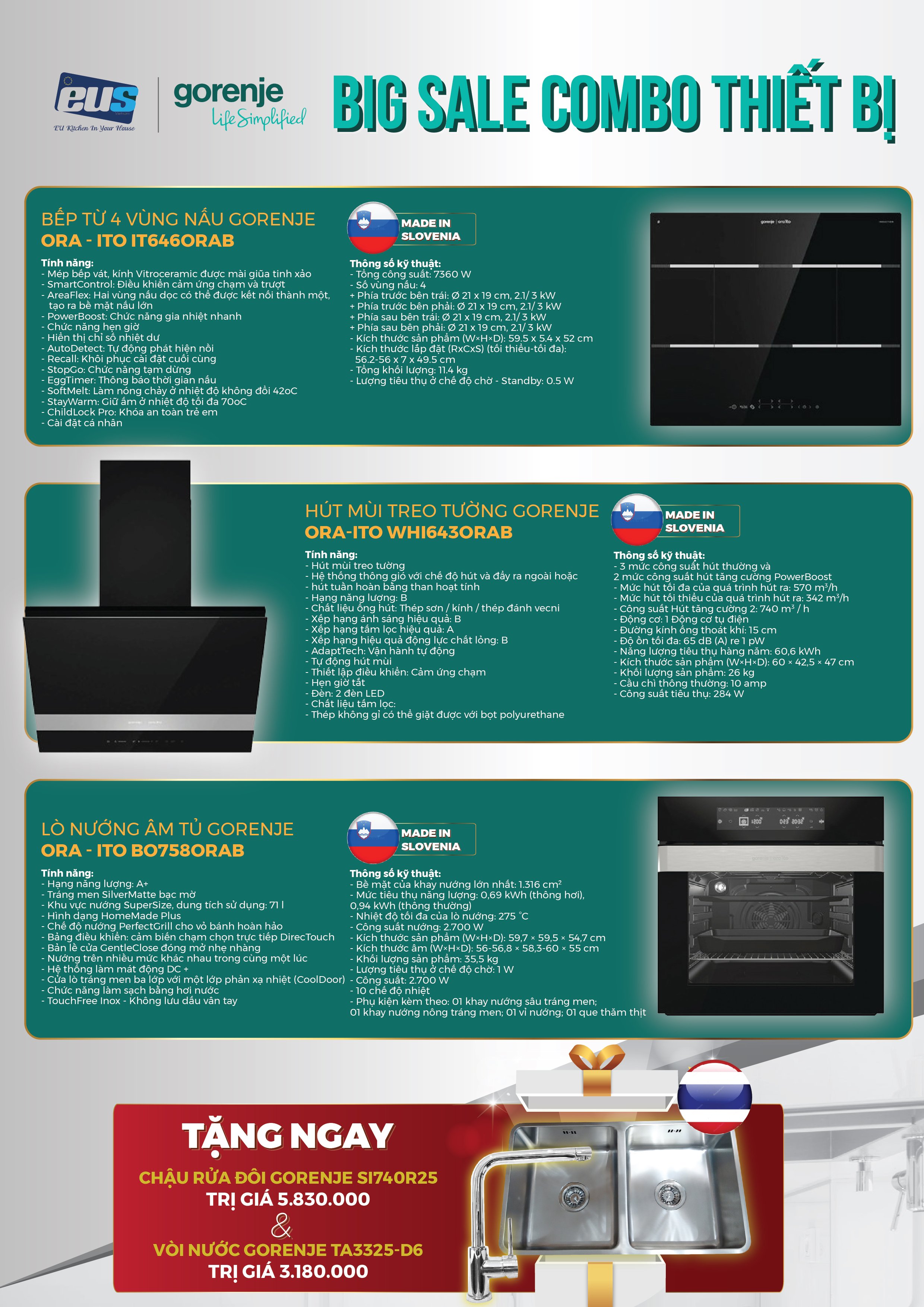 Combo Bếp Từ 4 Vùng Nấu 60cm Gorenje ORA-ITO IT646ORAB + Hút Mùi Treo Tường 60cm Gorenje ORA-ITO WHI643ORAB + Lò Nướng Âm Tủ BO758ORAB - Hàng Chính Hãng
