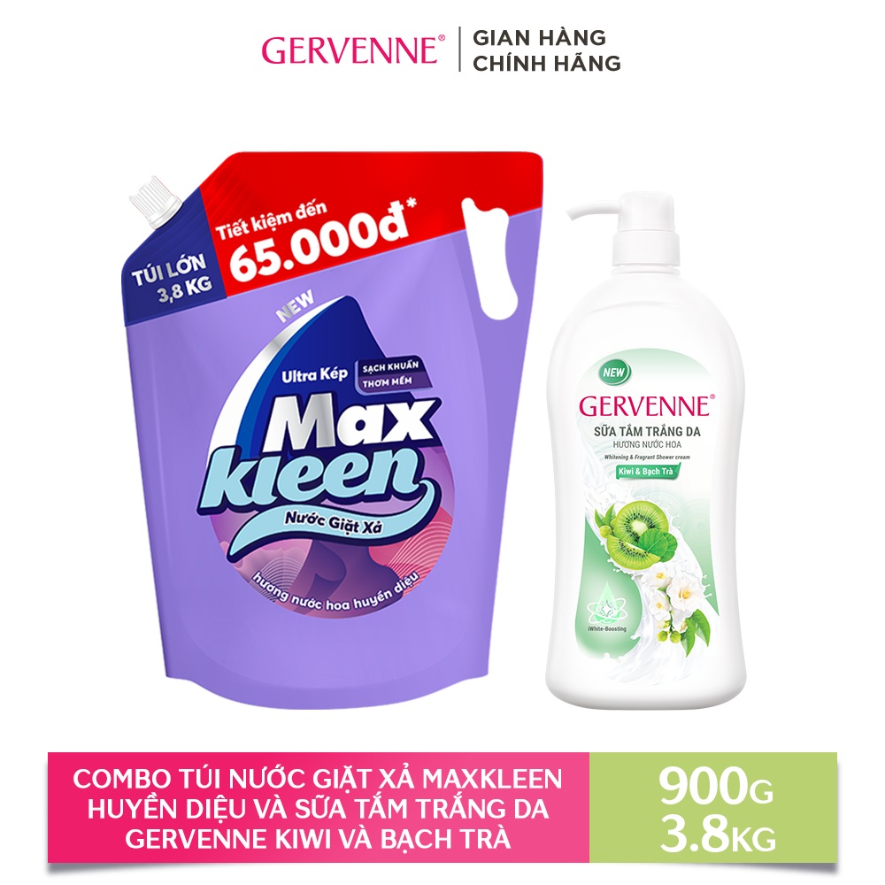 Combo Túi Nước Giặt Xả MaxKleen Hương HUYỀN DIỆU 3.8kg + Sữa tắm trắng da hương nước hoa Gervenne KIWI Và BẠCH TRÀ 900g