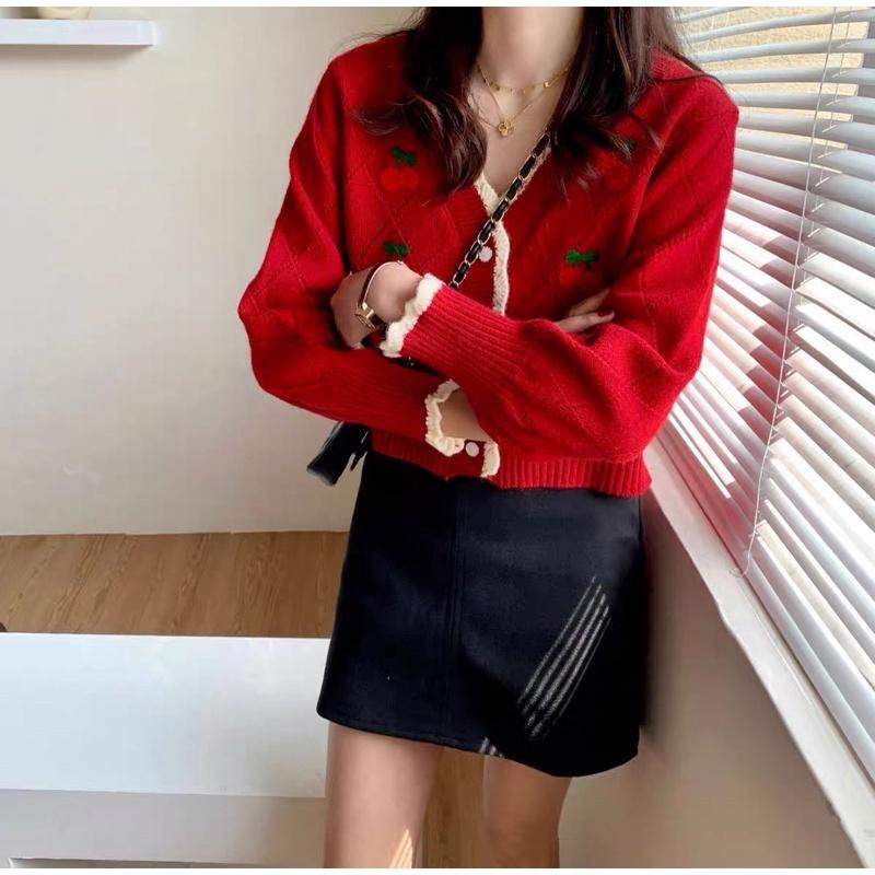 Áo Khoác Cardigan Nữ Dáng Ngắn Len Đan Thêu Cherry (ẢNH THẬT+VIDEO)