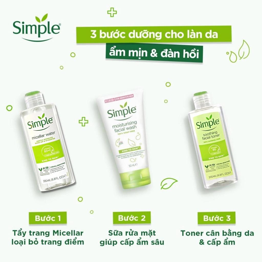 Combo 3 Simple Tẩy trang 200ml + Sữa Rửa Mặt Da Nhạy Cảm 150ml + Nước Hoa Hồng Toner 200ml