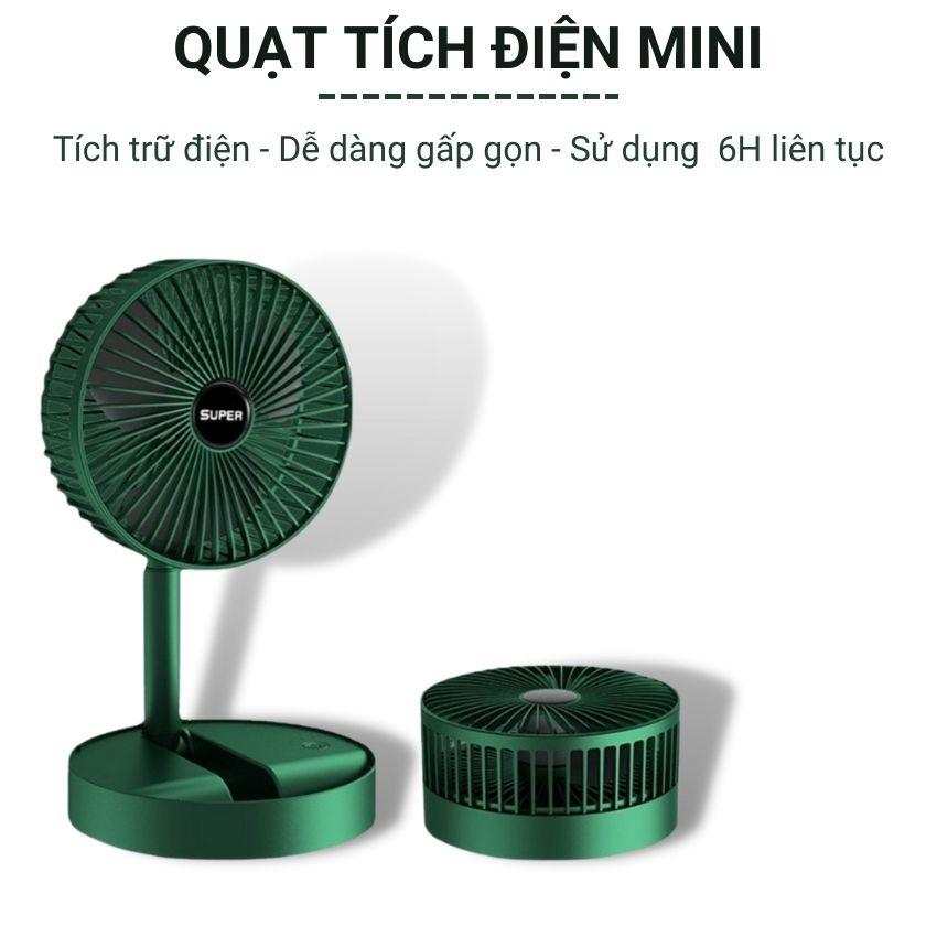 Quạt Tích Điện Super mini, Quạt Tích Điện Để Bàn Gấp Gọn 3 cấp độ, Sử Dụng Liên Tục 4 Tiếng