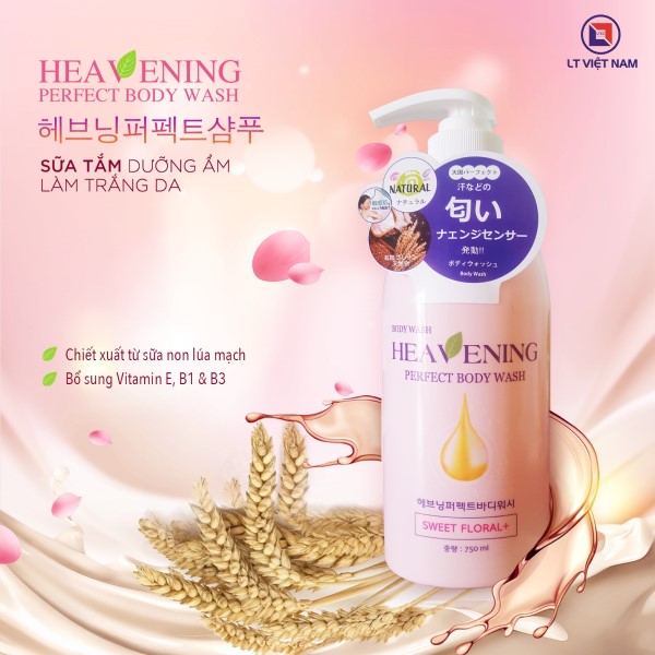 Combo sữa tắm dưỡng ẩm, làm trắng da Heavening Perfect 750ml ( Hàn Quốc ) + Khăn tắm tạo bọt Whip's (loại nhiều bọt)