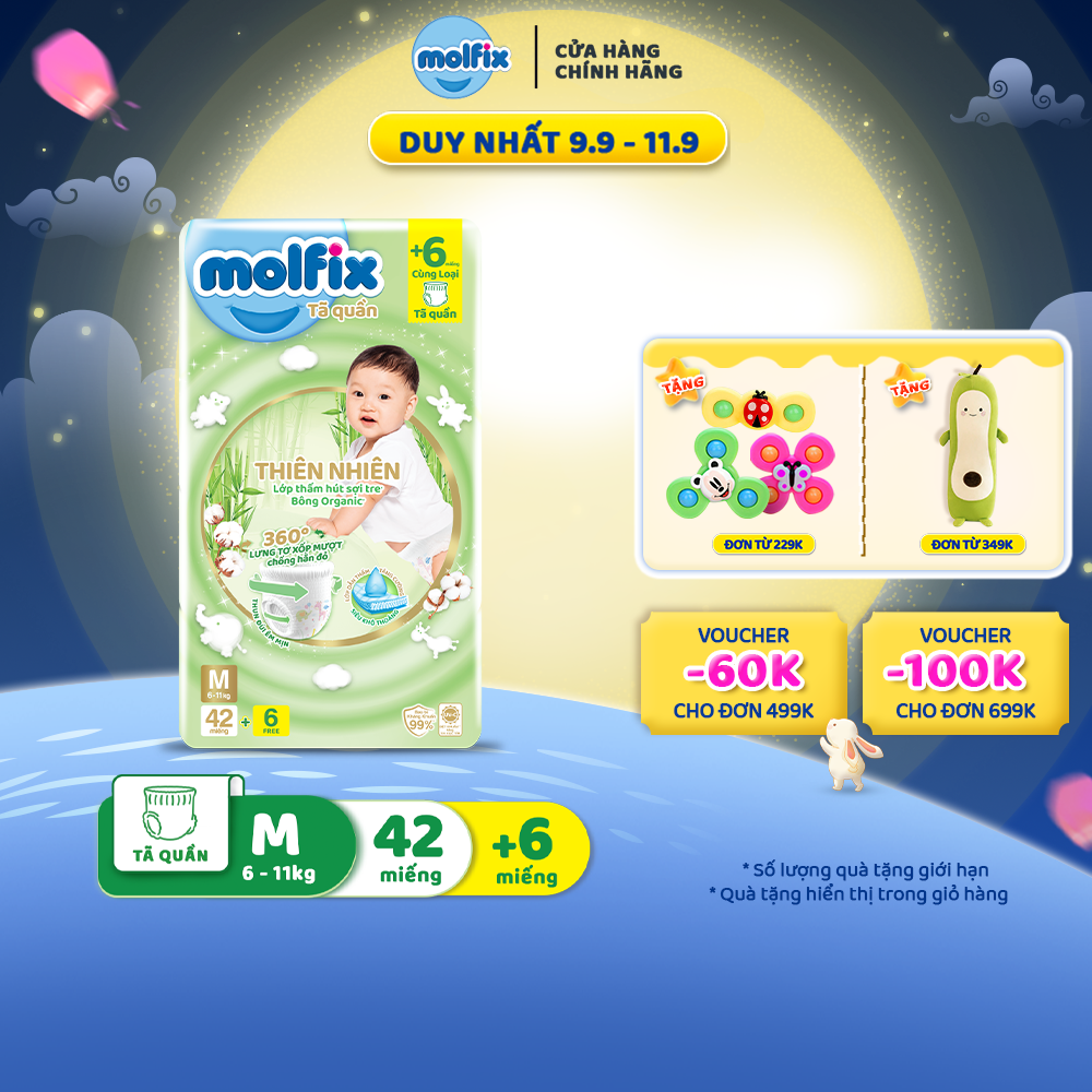 Tã/bỉm quần Molfix Thiên nhiên Super Jumbo M (6kg - 11kg) - Gói 60 miếng