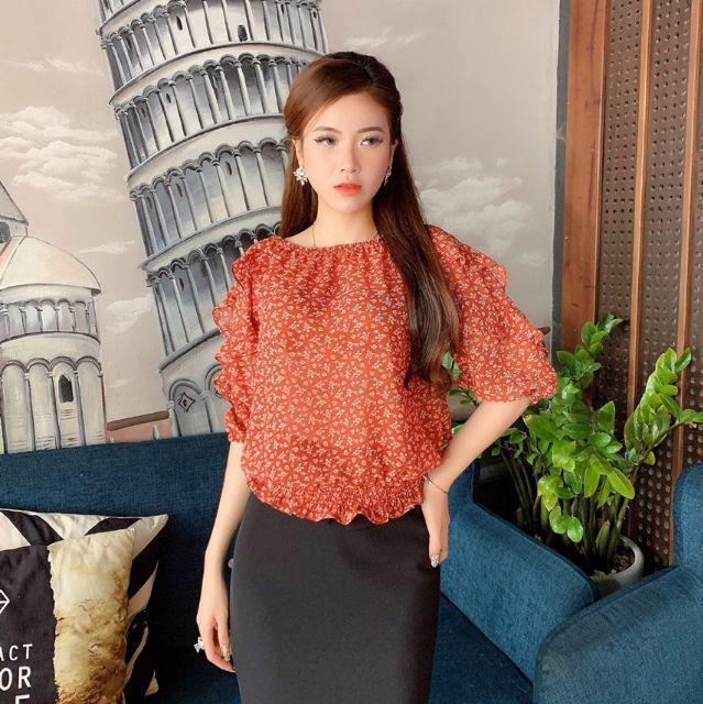 Áo Sơ mi nữ tay lỡ mặc 2 kiểu trễ vai và không trễ vai ,chất liệu voan hoa nhí sang chảnh, trẻ trung