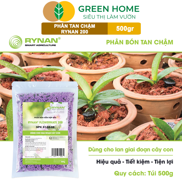 Phân Tan Chậm GreenHome, Rynan 200, Bao 500gr, Dành Cho Giai Đoạn Phong Lan Cây Con, Kích Chồi