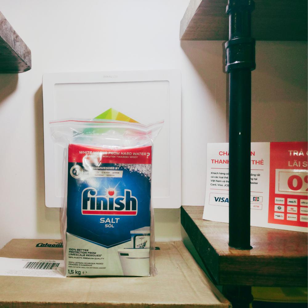 Hộp 1,5kg muối rửa chén Finish Salt ( Hỗ trợ làm mềm nước cho tất cả các loại máy rửa chén gia đình Châu Âu).