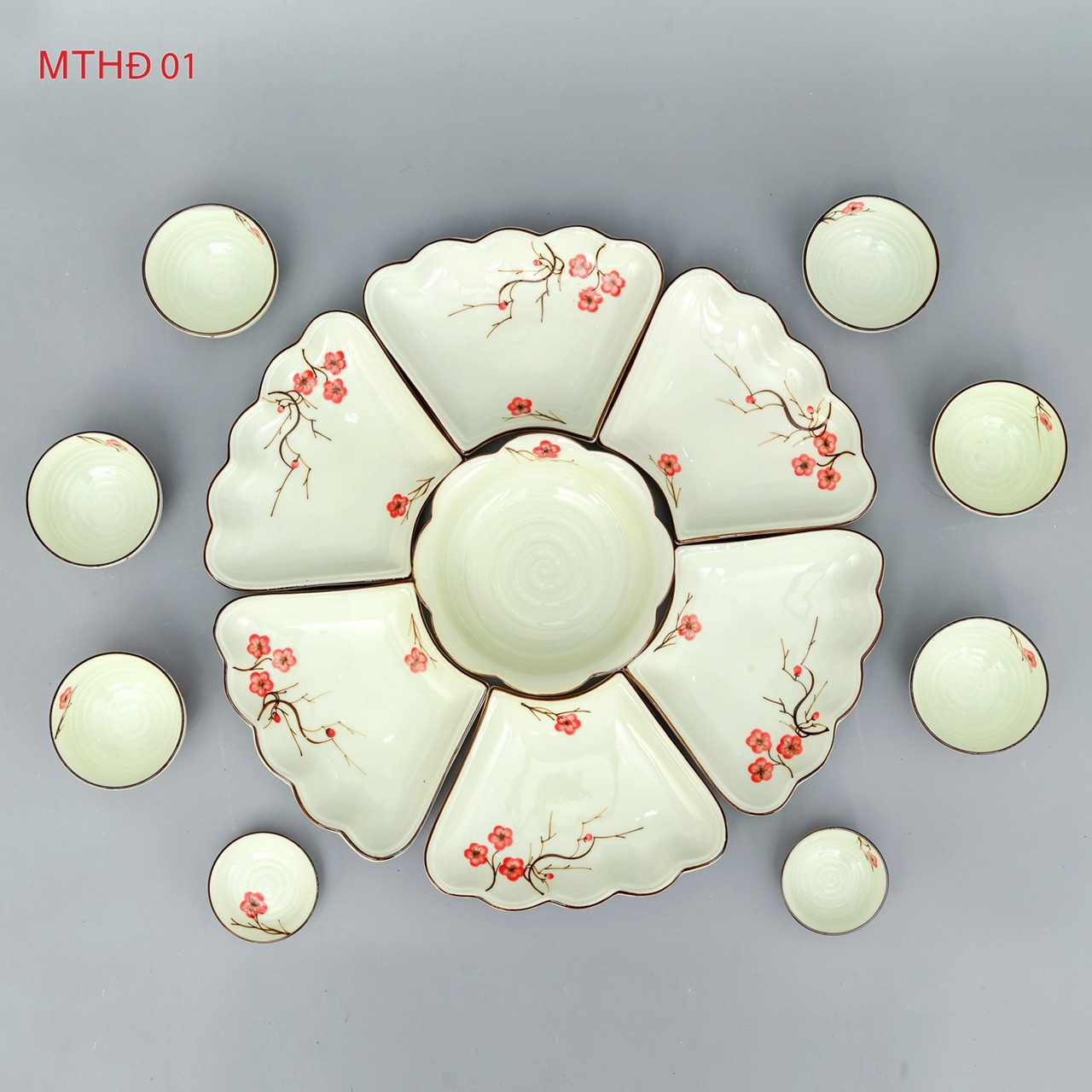 BỘ MẶT TRỜI MEN KEM 15 MÓN VẼ TAY HOA ĐÀO , BỒ CÔNG ANH VÀ HOA SEN.
