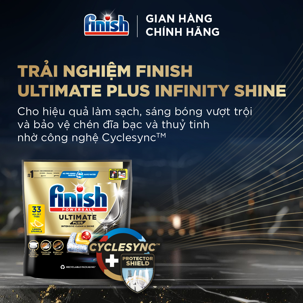 Viên rửa chén bát hương chanh Finish Ultimate Plus All in one túi 33 viên - dòng siêu cao cấp