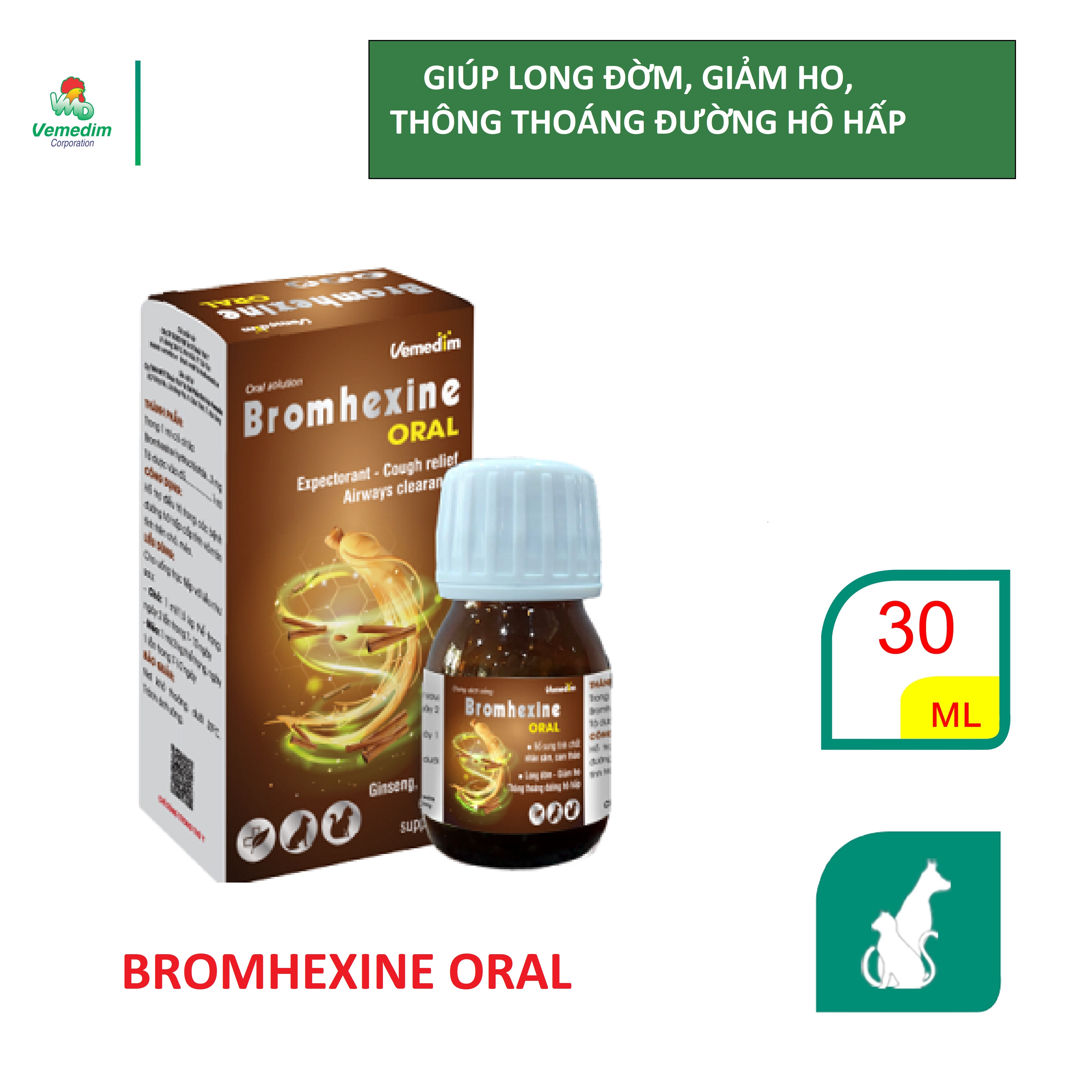 Vemedim Bromhexine oral chứa tinh chất nhân sâm, cam thảo giúp long đờm, giảm ho, thông thoáng đường hô hấp cho chó mèo, chai 30ml