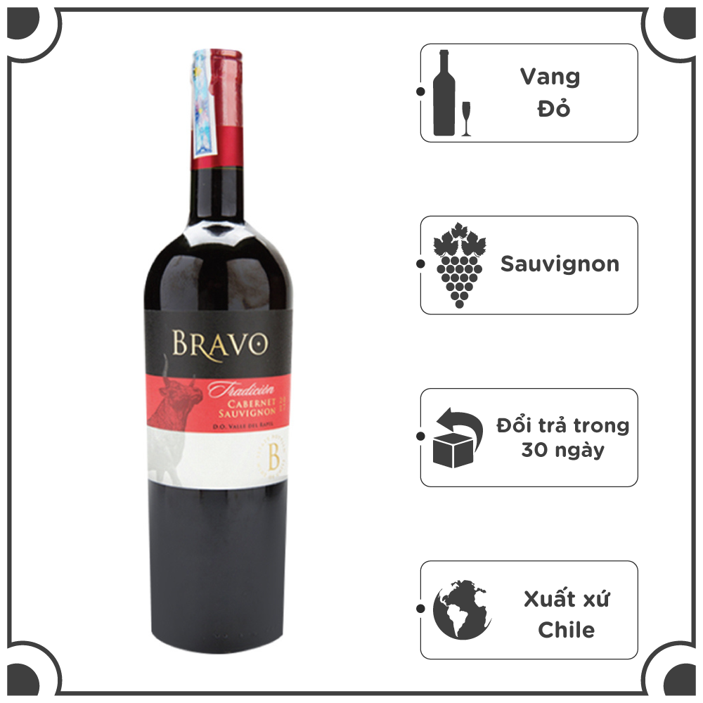 Rượu Vang Đỏ Chile Bravo Cabernet Sauvignon Tradicion 750ml 13% - 15% - Không Hộp
