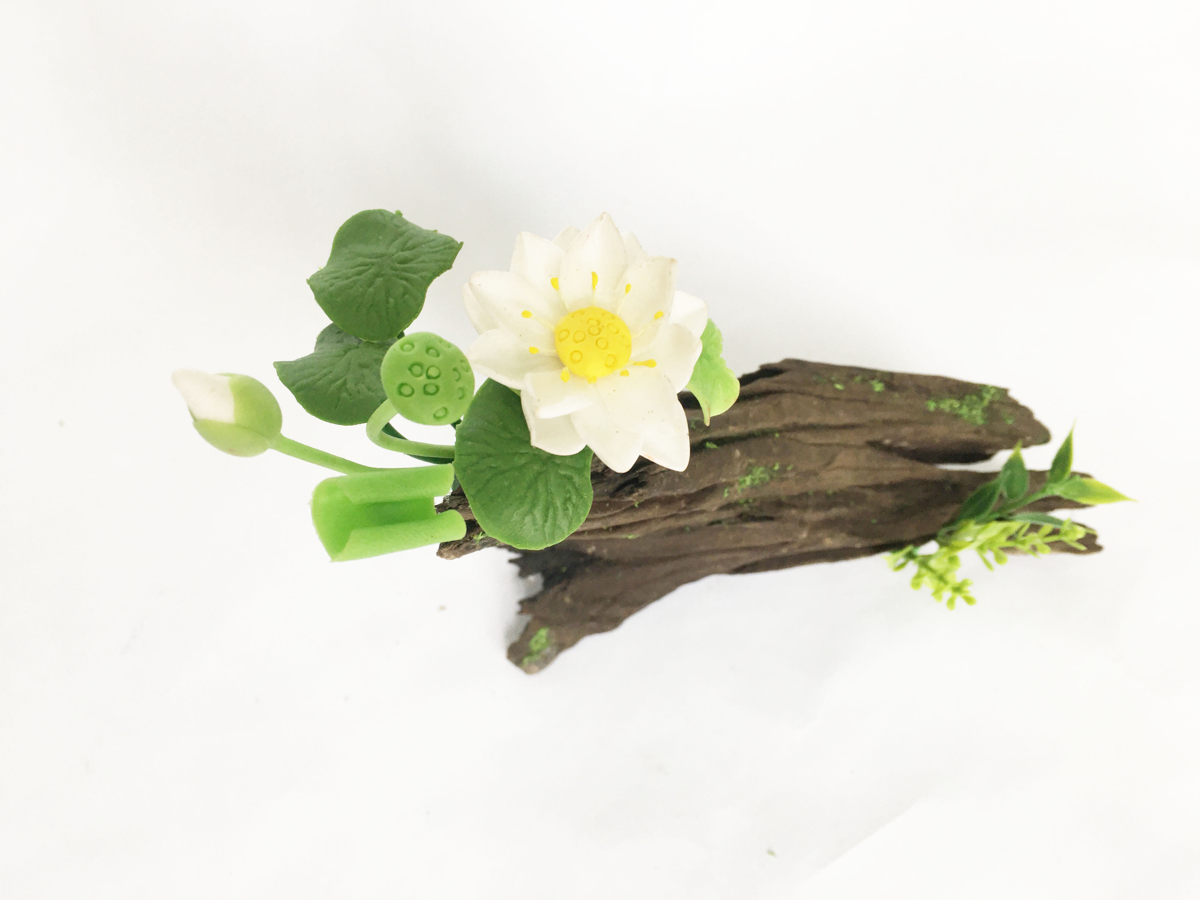 Lũa gỗ hình dáng tự nhiên kết hợp Hoa sen đất sét mini (1 bụi sen trắng) - Quà tặng trang trí handmade (20x10x10cm)