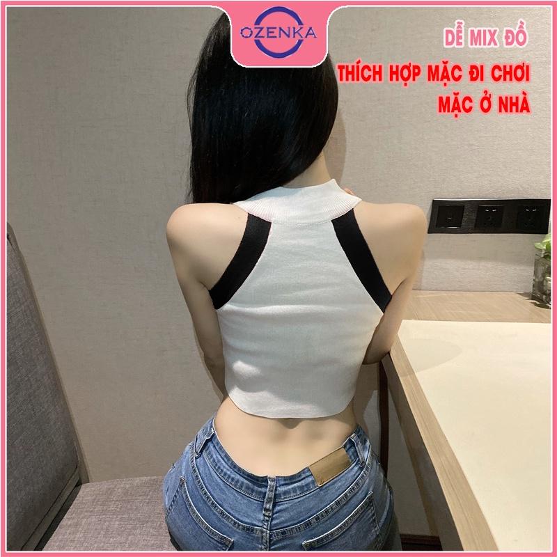 Áo croptop ôm sát nách cổ lọ nữ OZENKA , áo 3 lỗ cải màu chất thun gân cao cấp 100% cotton đen trắng