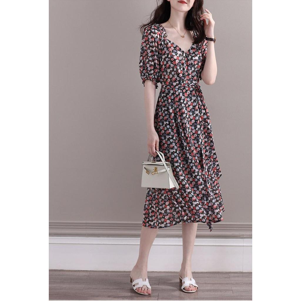 Đầm dự tiệc dáng dài midi hoa nhí tay lửng nhún bèo cột nơ ELIA DRESS