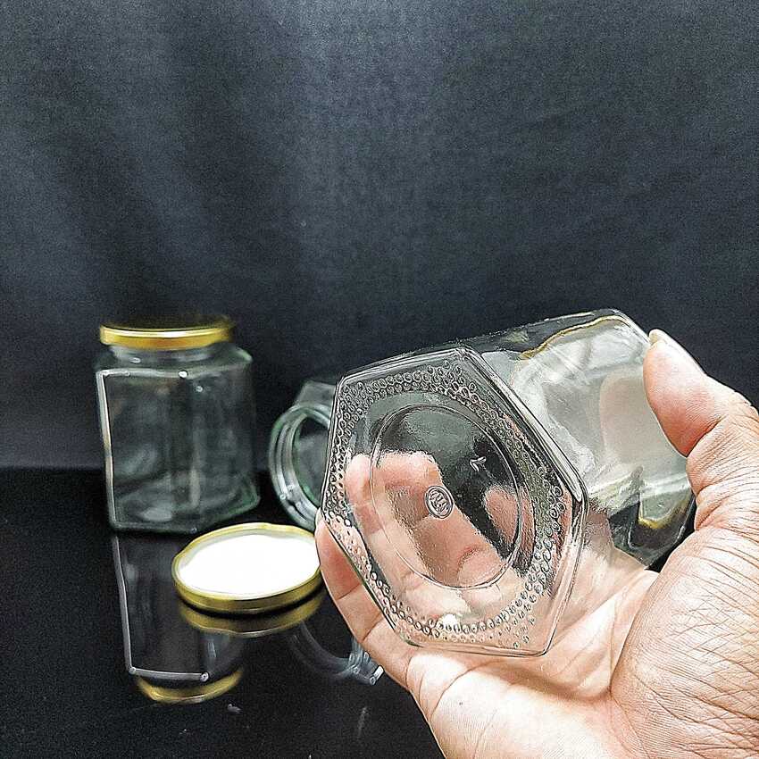 Hũ Thủy Tinh Đựng Gia Vị 500ML mẫu Lục Giác nắp thiếc vàng – Hũ Đựng Gia Vị Thủy Tinh 500ml