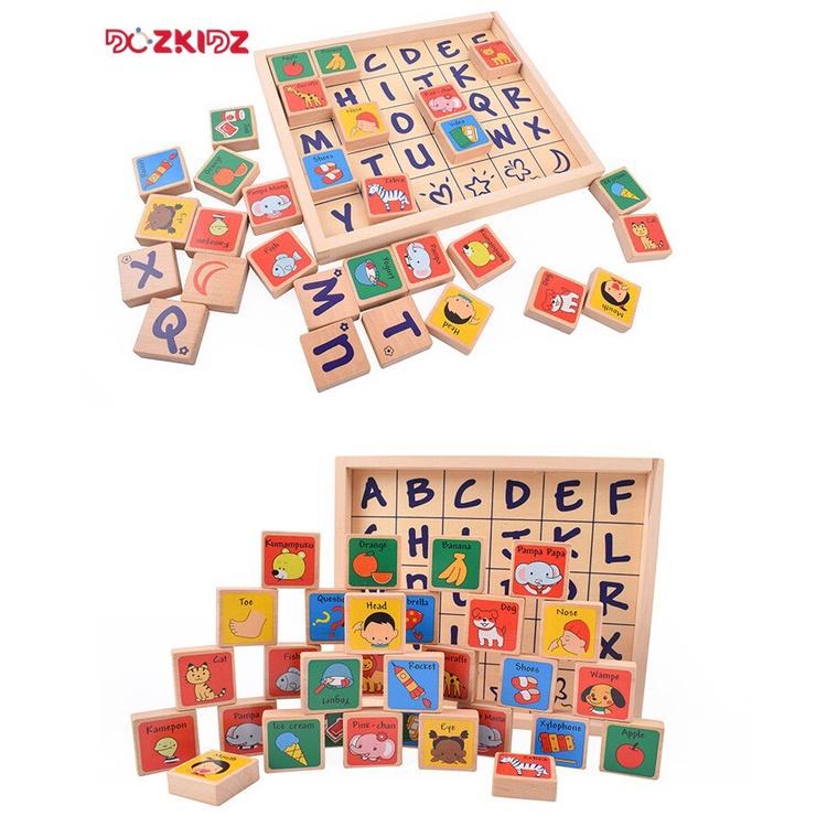 Đồ chơi gỗ thông minh, bảng gỗ xếp 26 chữ cái Tiếng Anh kèm từ vựng cho bé - DOZKIDZ
