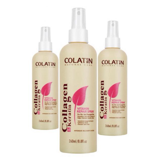 Xịt dưỡng tóc Colatin Vitamin Keratin Repair Spray phục hồi hư tổn khô xơ uốn nhuộm 260ml + Gội xả gói Karseell 15ml