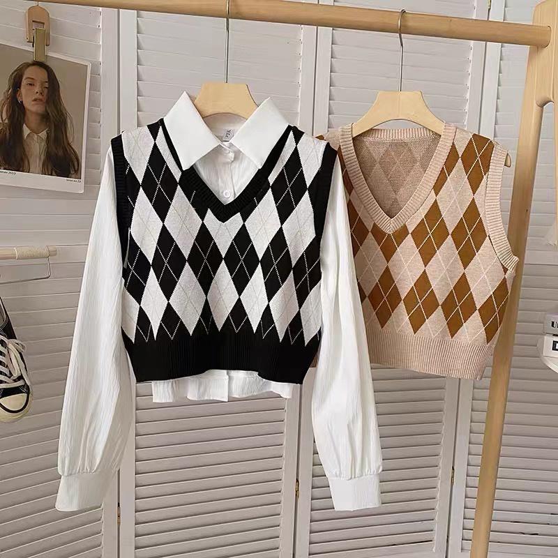 Áo gile len kẻ caro nữ kiểu cổ V dáng rộng dệt kim phong cách Hàn Quốc trẻ trung