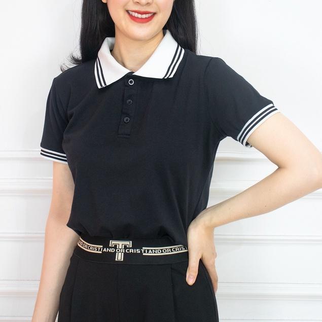 Áo phông nữ có cổ mùa hè AMYRA, polo tay ngắn co giãn basic vải cotton thun trơn trắng đen mặc đi làm, thể thao AT021