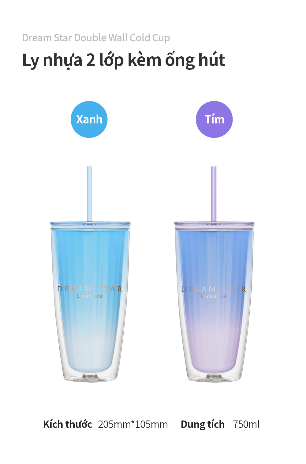 Ly nhựa Lock&amp;Lock 2 lớp 750ml HAP522 - Hàng chính hãng kèm ống hút cọ rửa, cách nhiệt tốt, miệng rộng - JoyMall