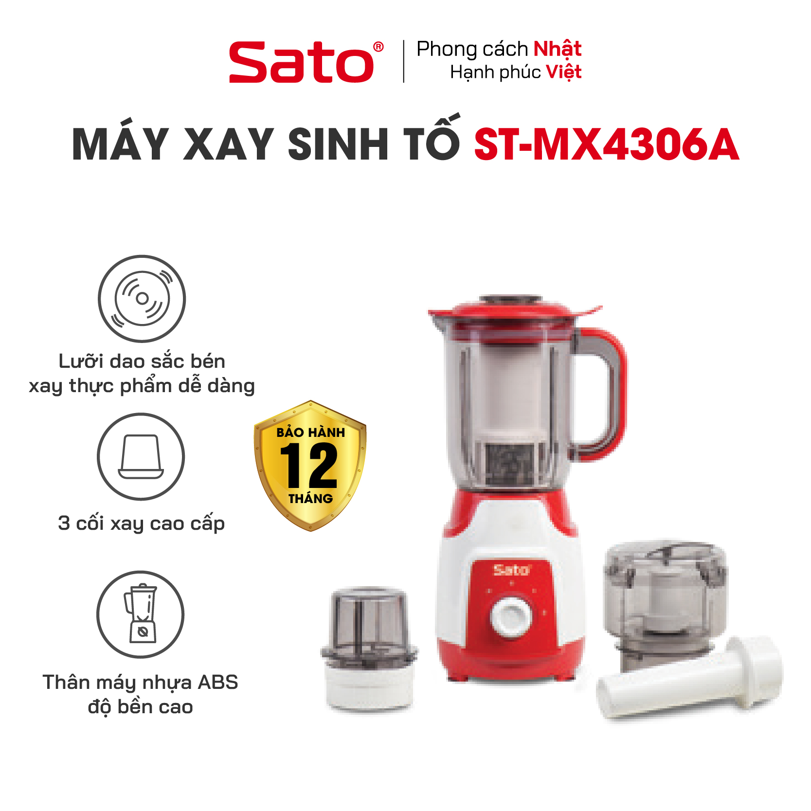 Máy xay sinh tố đa năng SATO MX4306A - Máy xay gồm 03 cối: Cối xay sinh tố, cối xay thịt &amp; cối nhỏ. Thân máy sử dụng nhựa ABS, độ bền cao, chịu lực tốt - Miễn phí vận chuyển toàn quốc - Hàng chính hãng