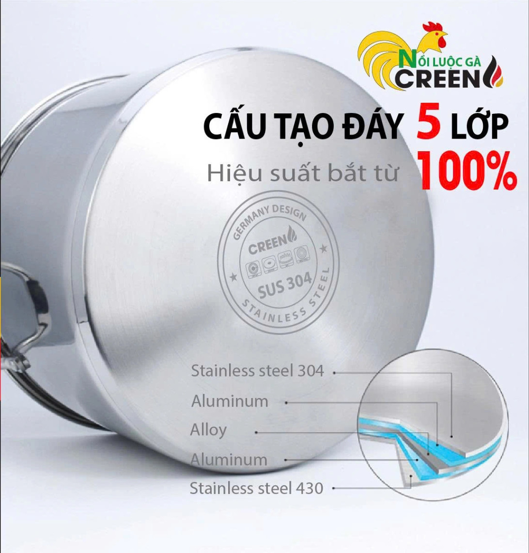 Nồi Luộc Gà inox304 28cm CREEN CR-S28 Đáy Từ 5 Lớp Công Nghệ Đức Bảo Hành 5 Năm - Hàng Chính Hãng