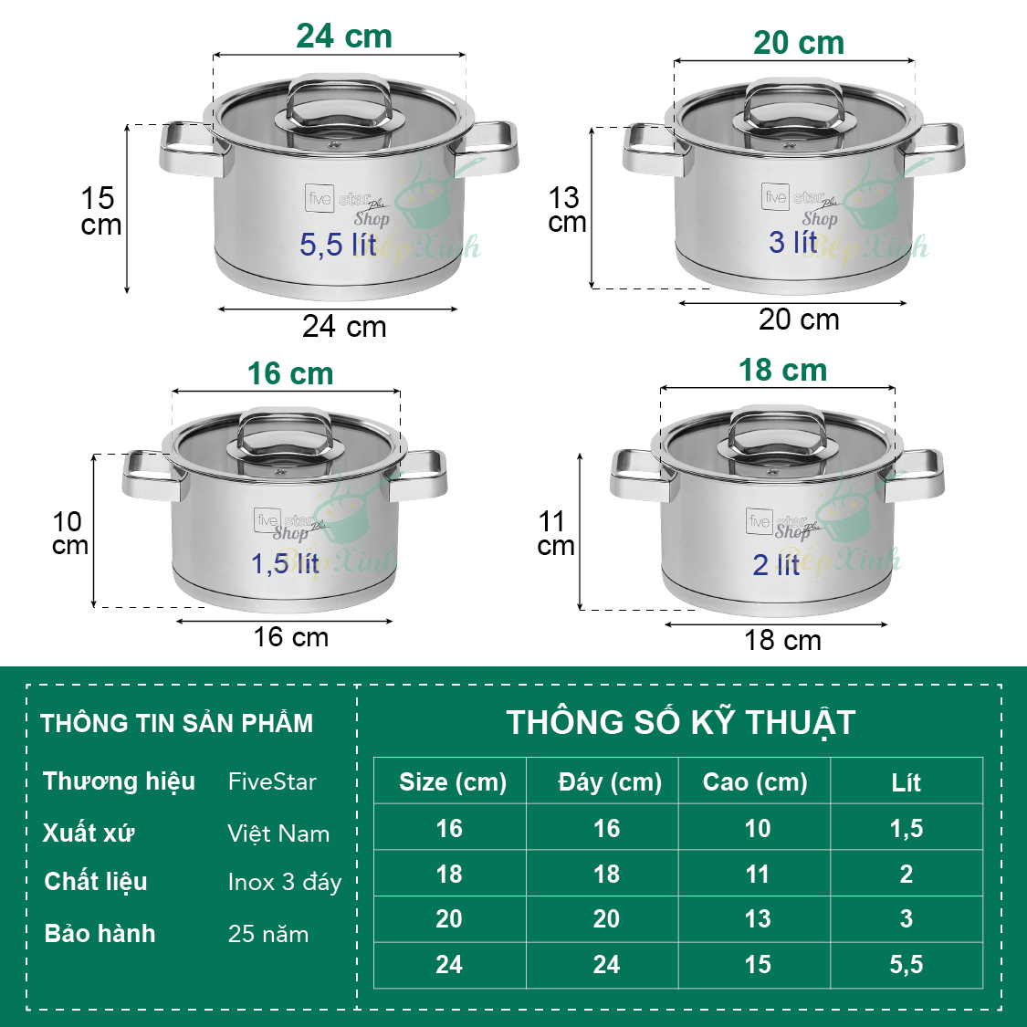 Bộ 4 nồi 3 đáy inox 304 FiveStar Plus quai vuông nắp kính-sử dụng bếp từ