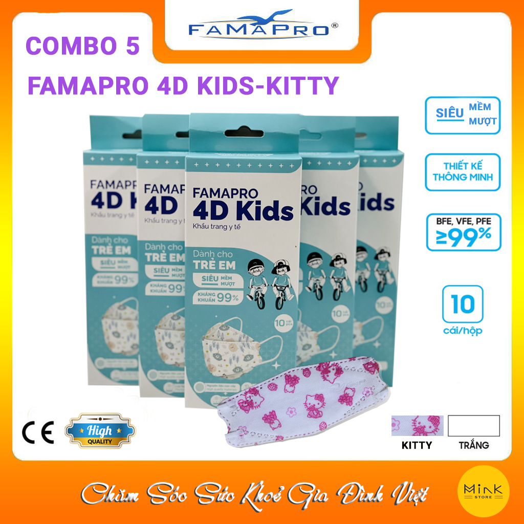 CHÍNH HÃNG Khẩu Trang Y Tế 3 Lớp Famapro 4D KidsDành Cho Trẻ Em Từ 4-10 TuổiKháng Khuẩn 99Hộp 10 Cái – KITTY – 5 HỘP