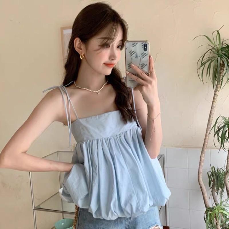 Áo hai dây thắt nơ dáng babydoll phồng mẫu summer 2021