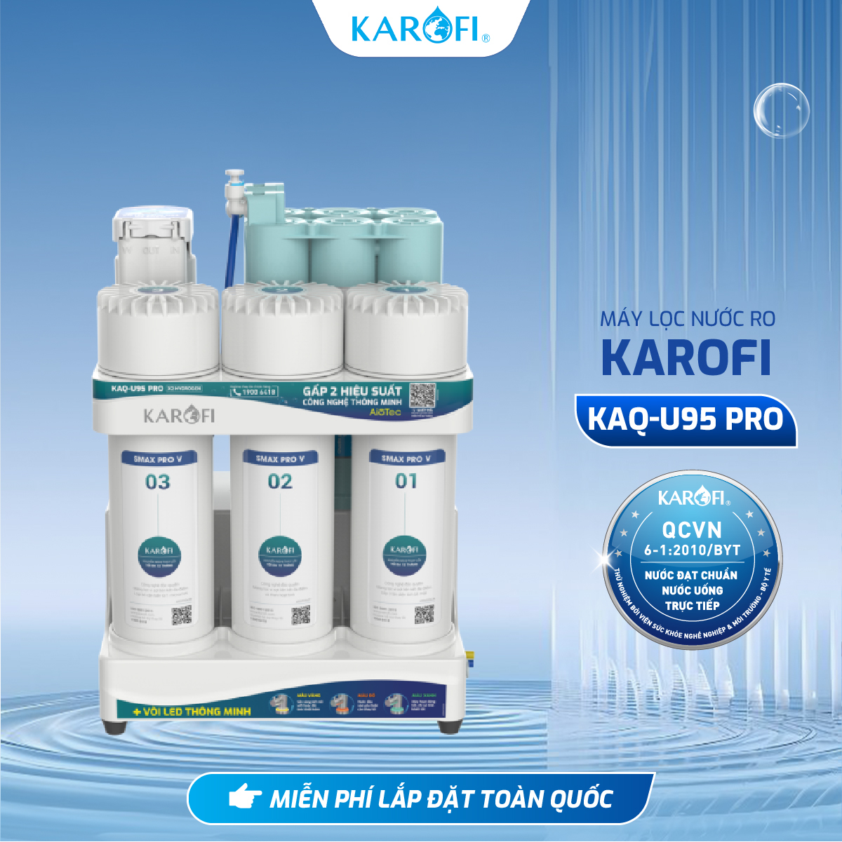 Máy lọc nước để gầm Karofi KAQ-U95 Pro - 10 lõi, Aiotec, RO Mỹ 100GPD, Lắp miễn phí - Hàng Chính Hãng