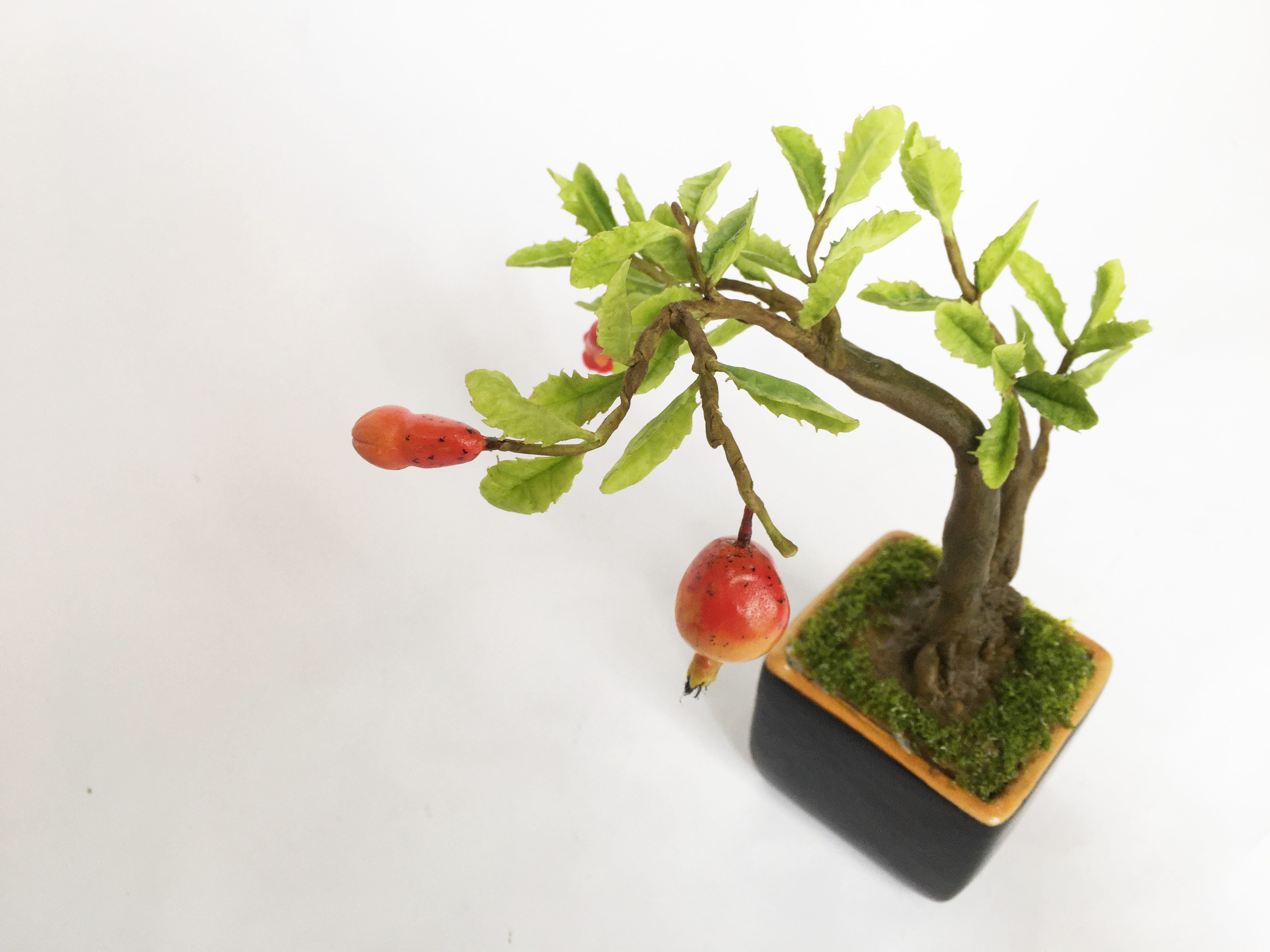 Chậu hoa đất sét mini- Bonsai lựu - Quà tặng trang trí handmade (18x10x10cm)