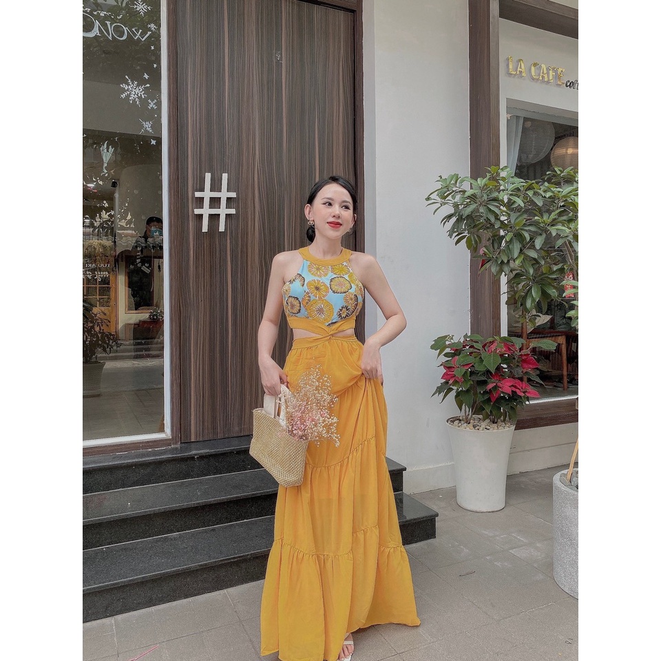 Đầm maxi đi biển phối thổ cẩm
