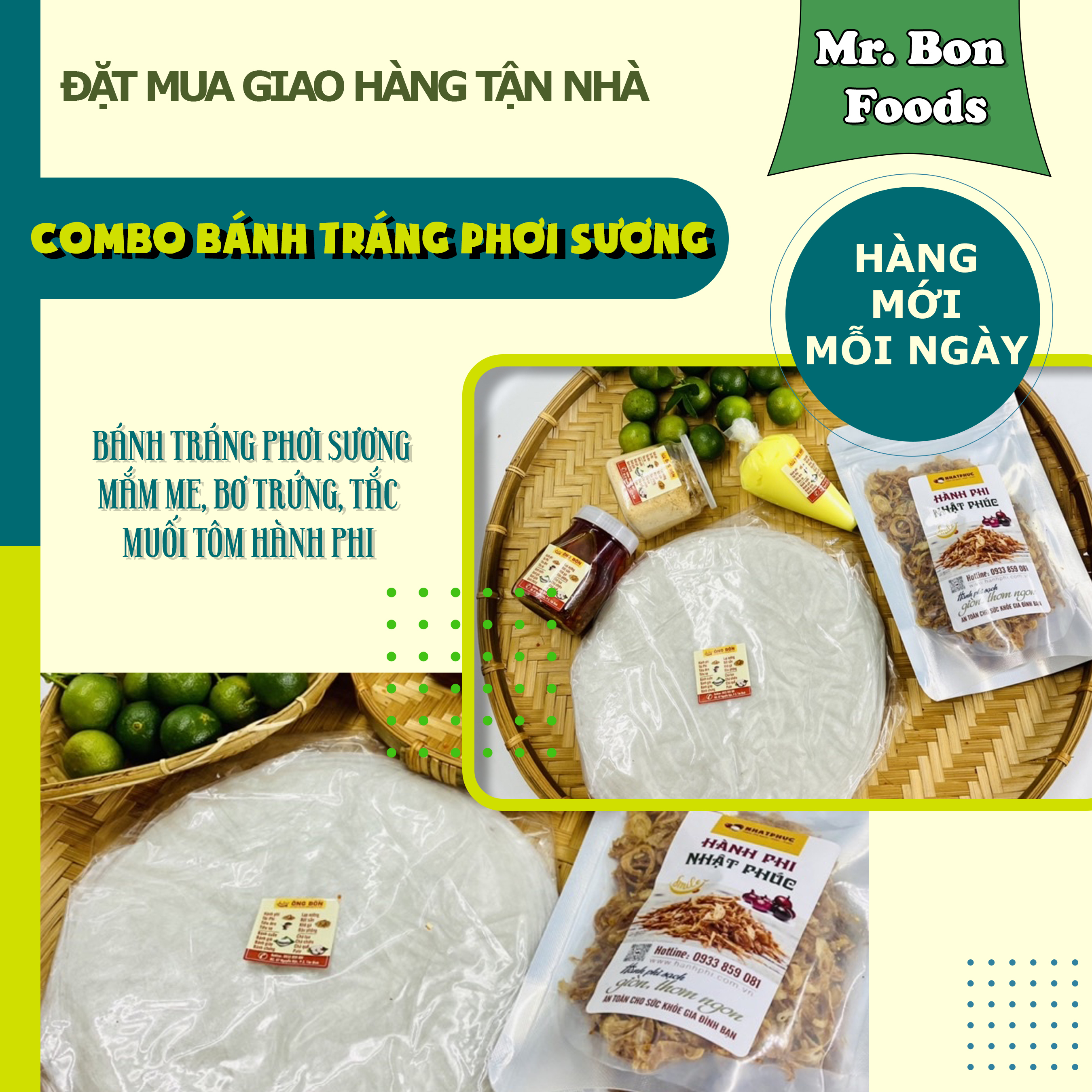 Combo Bánh Tráng Phơi Sương 500g - Hành Phi, Muối Tôm, Sa Tế, Bơ Trứng(Tặng Tắc)