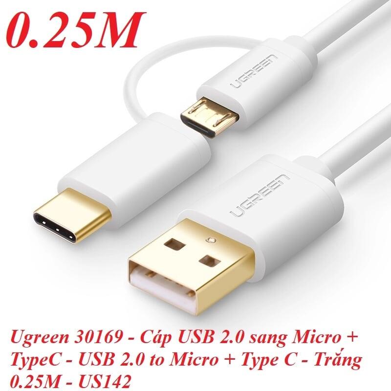 Ugreen UG30169US142TK 0.25M màu trắng Cáp USB-A sang Micro USB + USB-C cao cấp - HÀNG CHÍNH HÃNG