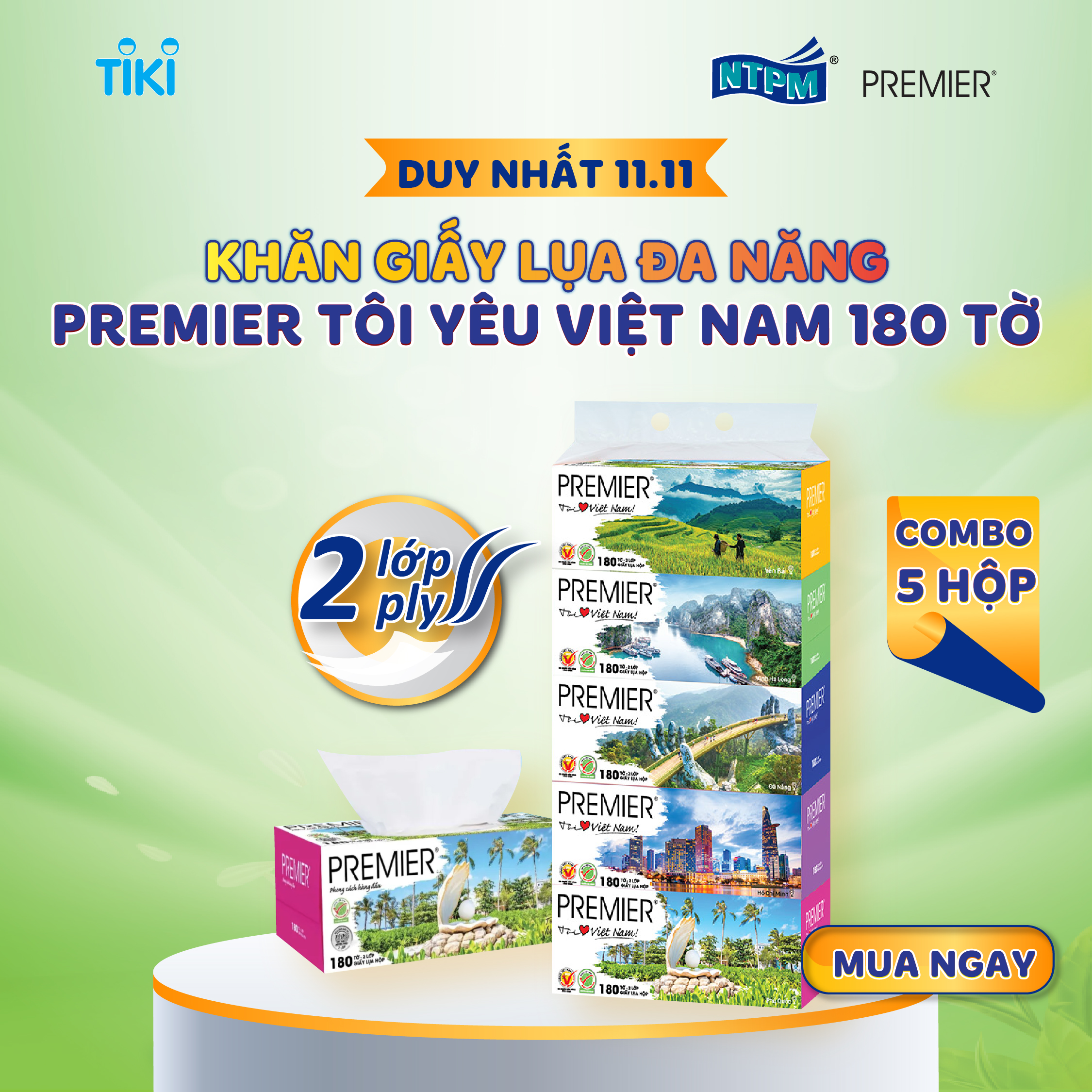 Khăn giấy lụa đa năng Premier Tôi Yêu Việt Nam 2 lớp 100% bột giấy nguyên sinh, không chất tẩy 180 tờ