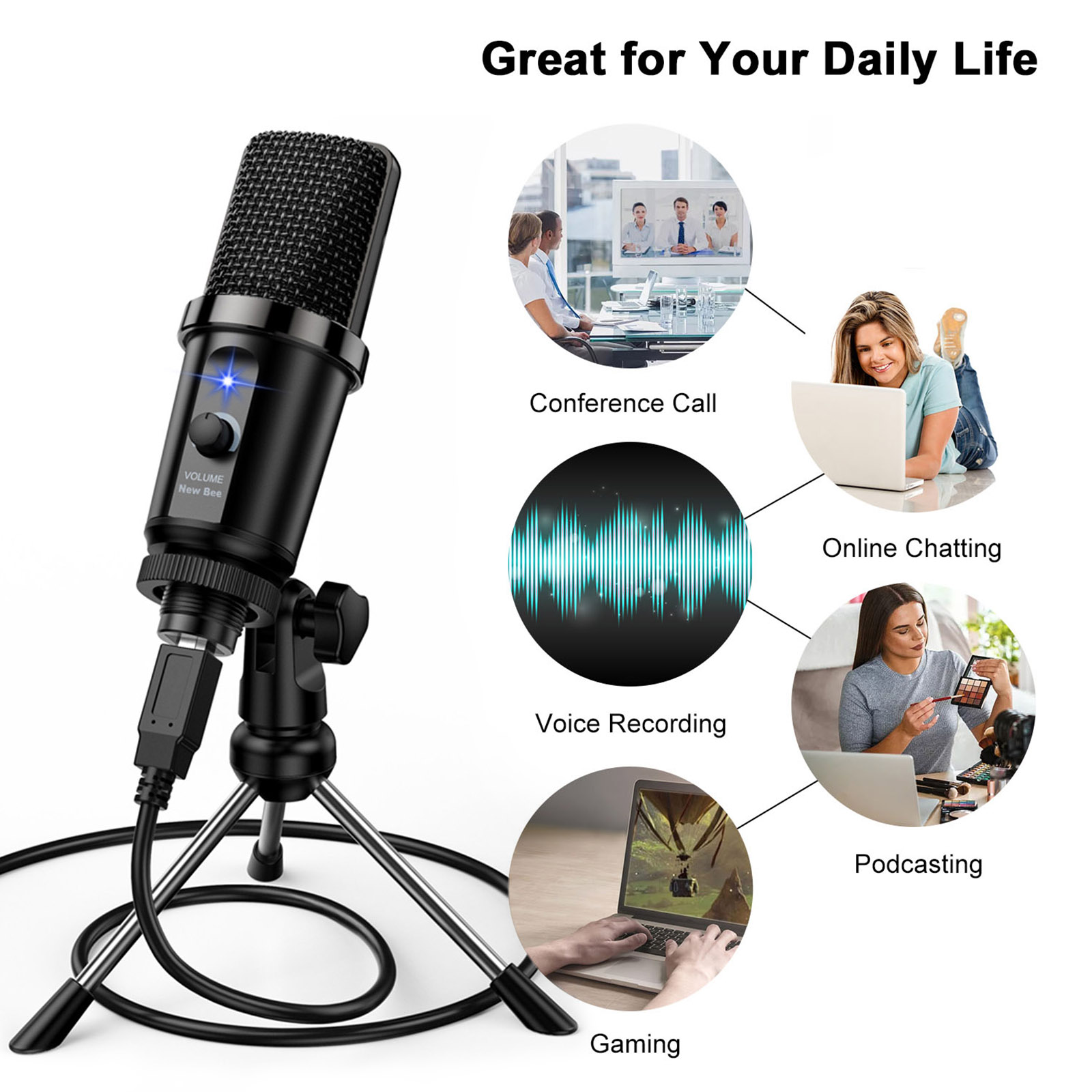 Micrô USB BEE MỚI cho Máy tính ghi âm có chân đế cho Phòng thu máy tính xách tay