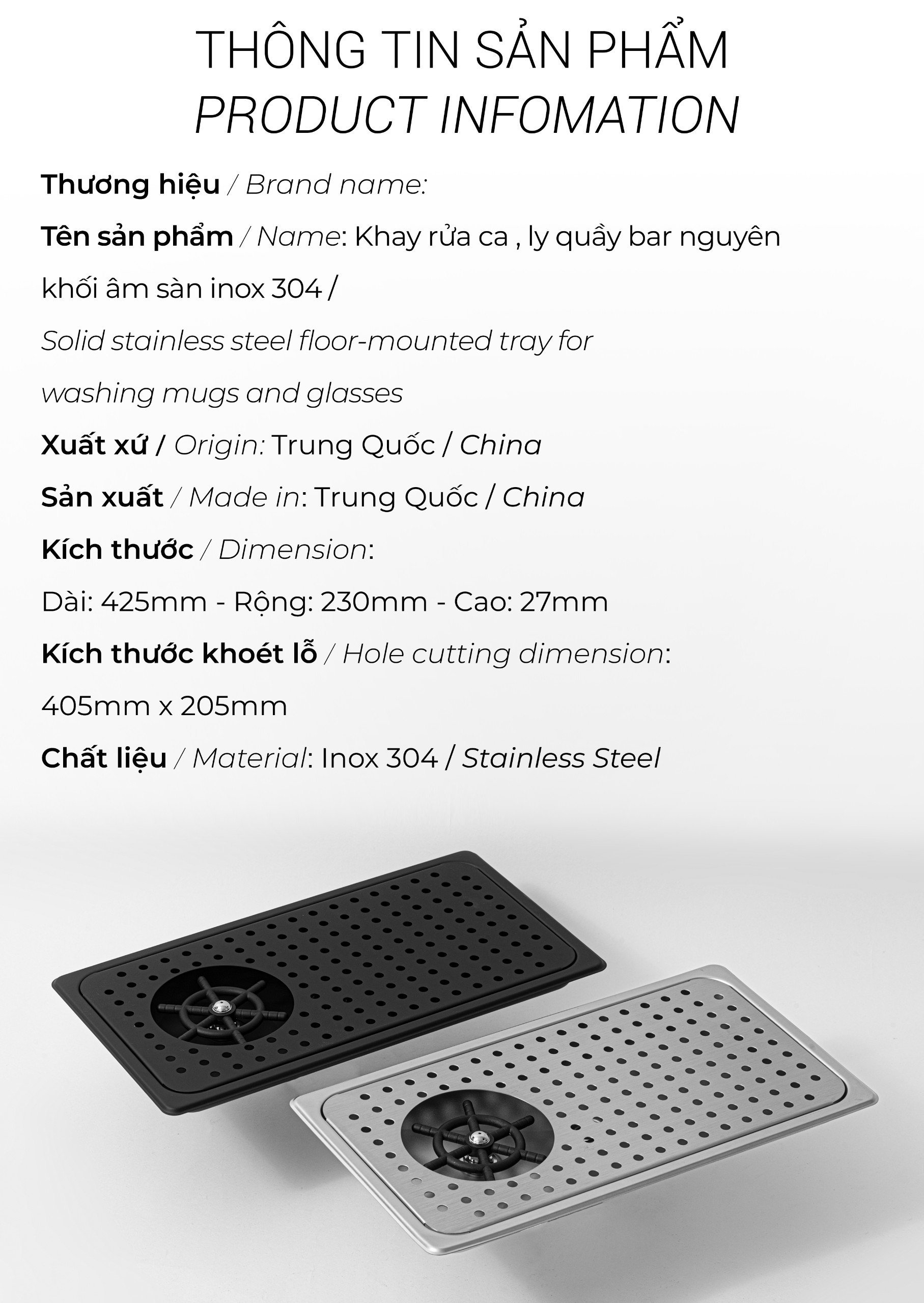 Khay rửa ca , ly quầy bar khuyên khối âm sàn inox 304